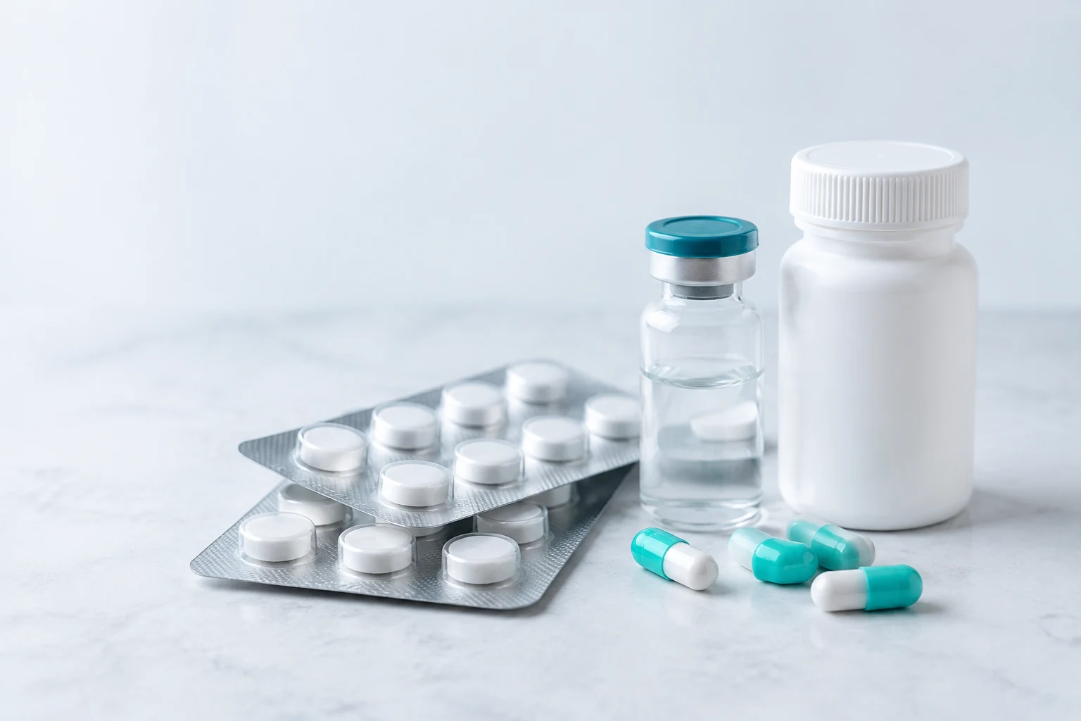 Illustrative pharmaceutical products: tablets, capsules and an injectable vial
